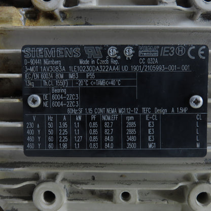Siemens 1LE10230DA322AA4 1.1/1.27KW 2885/3500RPM AC Motor 230/460VY 80M