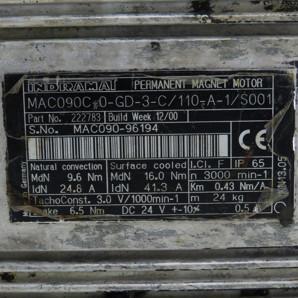 Indramat 222783 MAC090C0-GD-3-C/110-A-1/S001 3000RPM Servo Motor W/Brake 6.5Nm