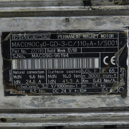 Indramat 222783 MAC090C0-GD-3-C/110-A-1/S001 3000RPM Servo Motor W/Brake 6.5Nm