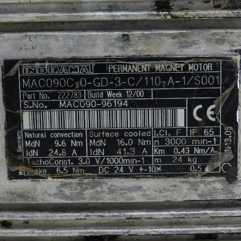 Indramat 222783 MAC090C0-GD-3-C/110-A-1/S001 3000RPM Servo Motor W/Brake 6.5Nm