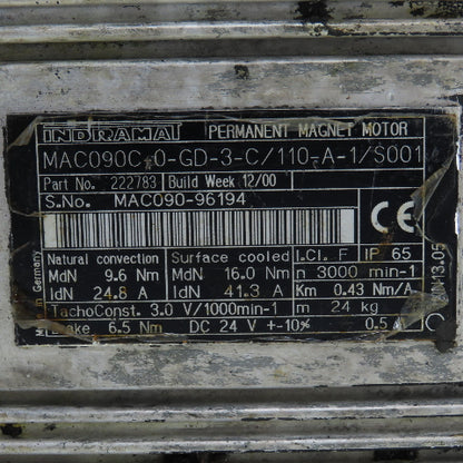 Indramat 222783 MAC090C0-GD-3-C/110-A-1/S001 3000RPM Servo Motor W/Brake 6.5Nm