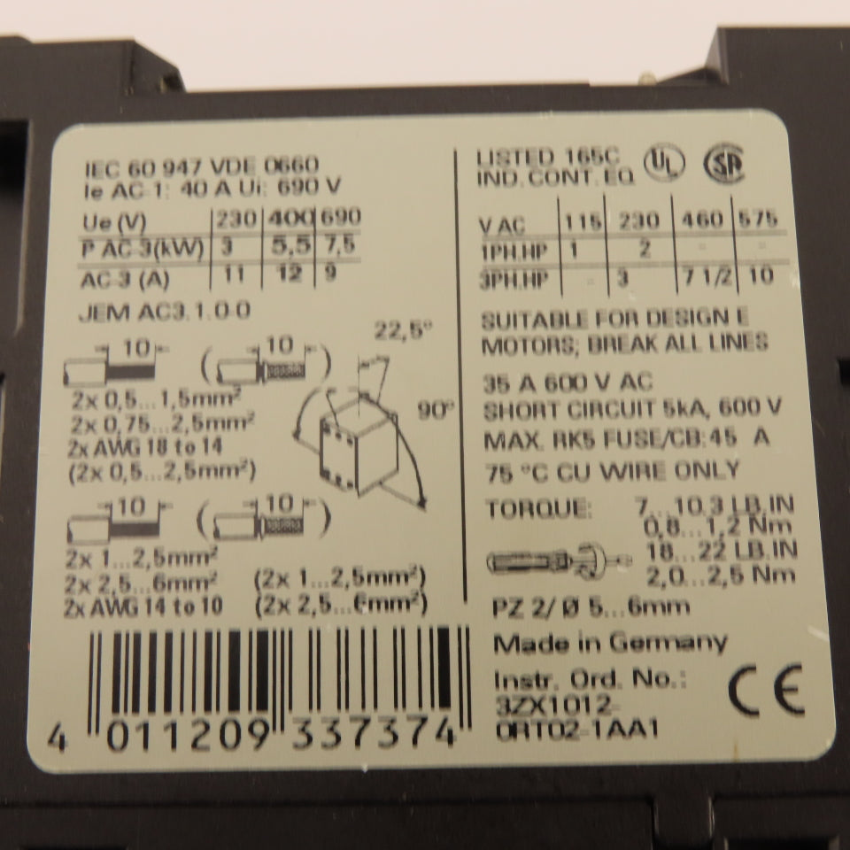 Siemens 3RT1024-1AG20 Contactor Relay 400V 5.5kW 3Ph 10Hp 110V Coil
