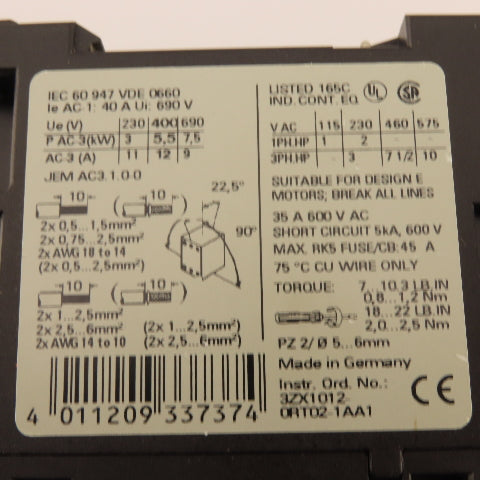 Siemens 3RT1024-1AG20 Contactor Relay 400V 5.5kW 3Ph 10Hp 110V Coil
