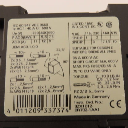 Siemens 3RT1024-1AG20 Contactor Relay 400V 5.5kW 3Ph 10Hp 110V Coil