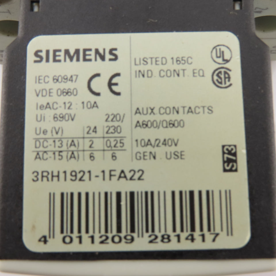 Siemens 3RT1024-1AG20 Contactor Relay 400V 5.5kW 3Ph 10Hp 110V Coil