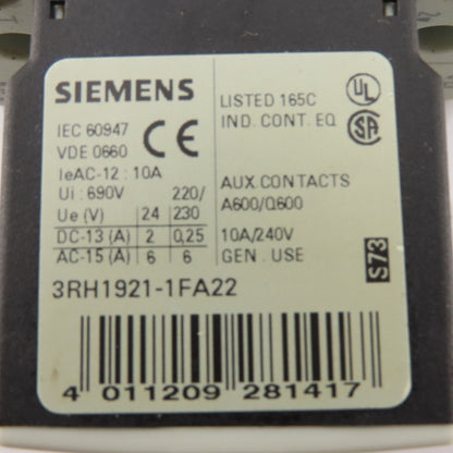 Siemens 3RT1024-1AG20 Contactor Relay 400V 5.5kW 3Ph 10Hp 110V Coil