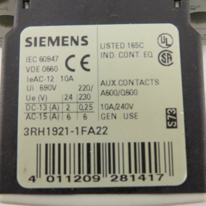 Siemens 3RT1024-1AG20 Contactor Relay 400V 5.5kW 3Ph 10Hp 110V Coil