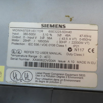 Siemens 6SE3223-5DH40 Midimaster Vector AC Drive 380-500V Input 25Hp 0-650Hz