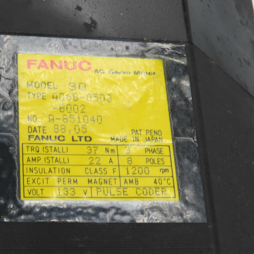 Fanuc A06B-0503-B002 30 1200PM AC Servo Motor 133V 22A 37NM W/Pulse Coder