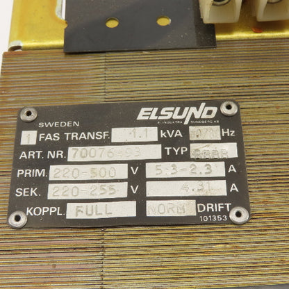 Elsund 70076493 220-500V Pri 1.1kVa 220-255V Sec. 1Ph Transformer