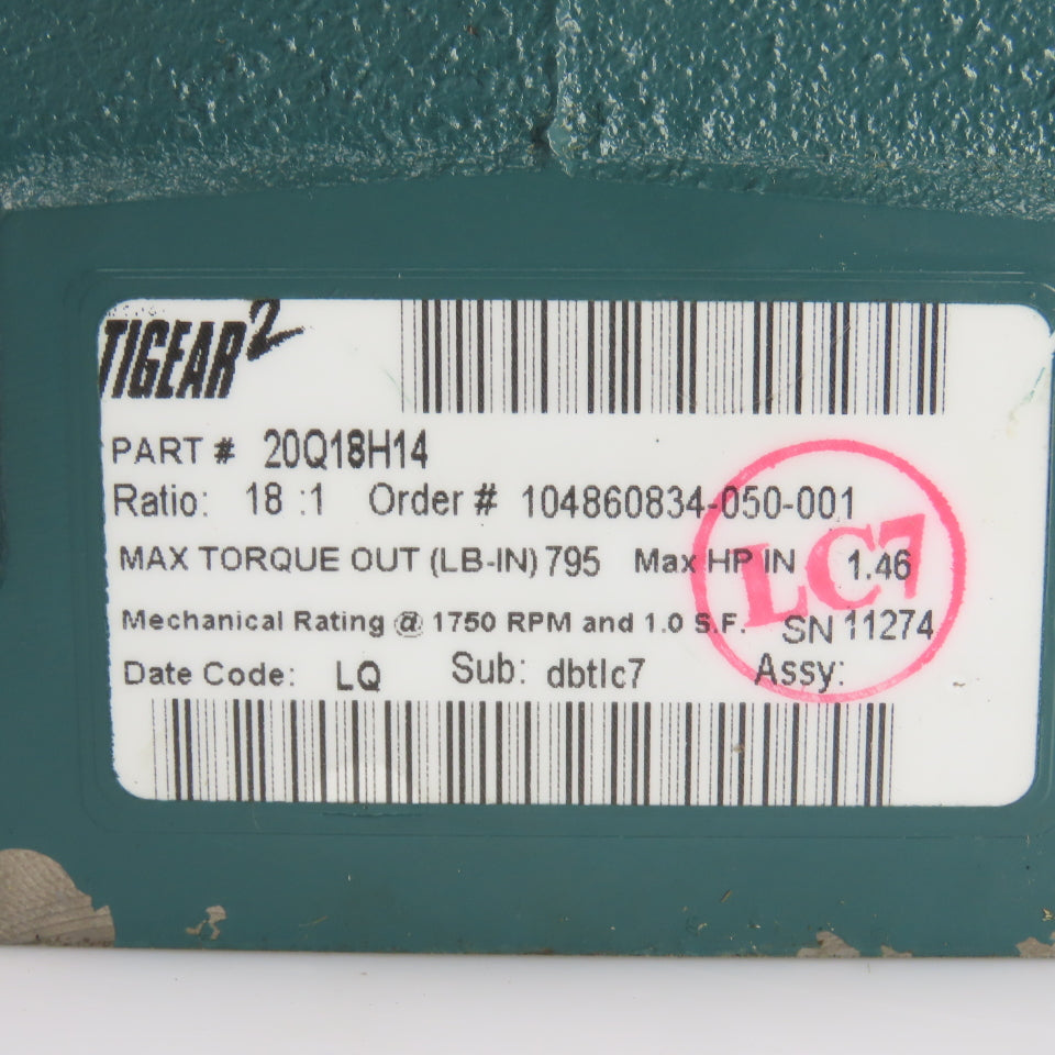 Dodge Tigear 20Q18H14 18:1 Ratio Gear Reducer 97RPM Output 795 LB.IN 140TC Frame