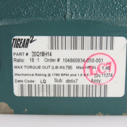 Dodge Tigear 20Q18H14 18:1 Ratio Gear Reducer 97RPM Output 795 LB.IN 140TC Frame