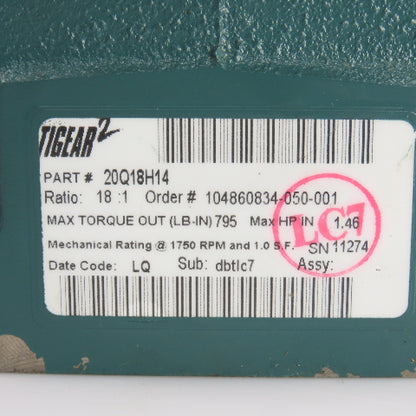 Dodge Tigear 20Q18H14 18:1 Ratio Gear Reducer 97RPM Output 795 LB.IN 140TC Frame