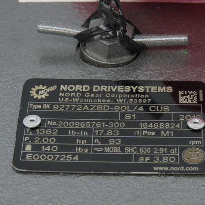 Nord 92772AZBD-90L/4CUS 17.83:1 Ratio Speed Reducer Gearmotor 2HP 93RPM 460V 3PH