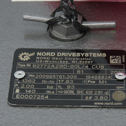 Nord 92772AZBD-90L/4CUS 17.83:1 Ratio Speed Reducer Gearmotor 2HP 93RPM 460V 3PH