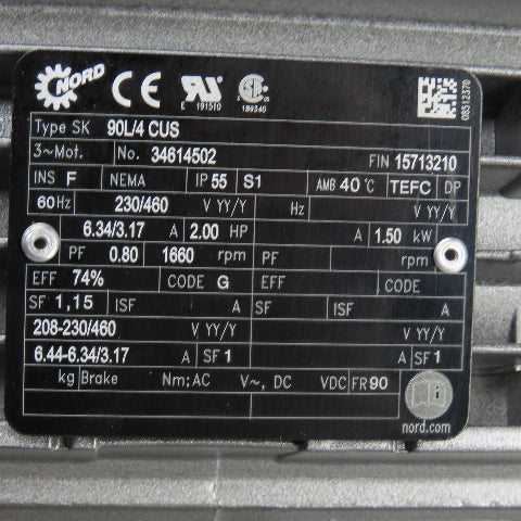 Nord 92772AZBD-90L/4CUS 17.83:1 Ratio Speed Reducer Gearmotor 2HP 93RPM 460V 3PH