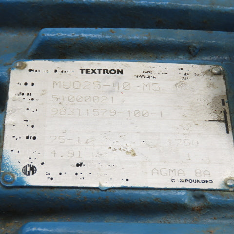 Textron MUO25-40-M5 75:1 Ratio Inline Gearbox 1750RPM Input 23RPM Output
