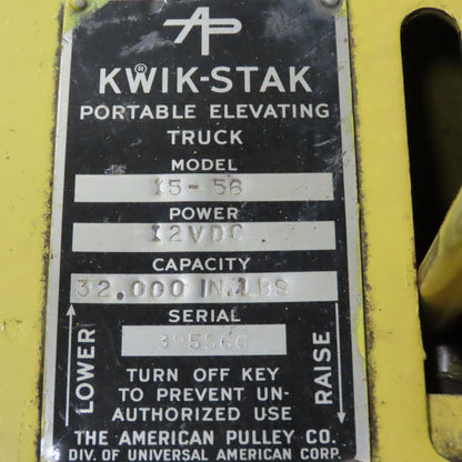 Kwik Stak 15-56 12V Portable Elevating Pallet Straddle Lift 54" Height 44" Forks