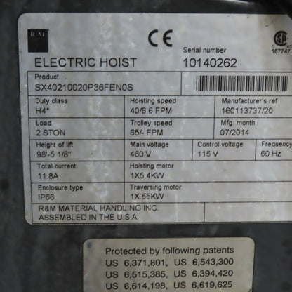 R&M SX Series 2T 2 Speed 40/60FPM Powered Wire Rope Hoist 480V 98.5' Lift