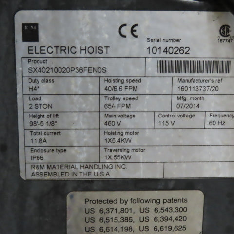 R&M SX Series 2T 2 Speed 40/60FPM Powered Wire Rope Hoist 480V 98.5' Lift