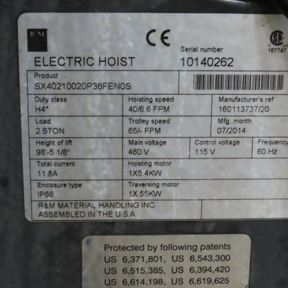 R&M SX Series 2T 2 Speed 40/60FPM Powered Wire Rope Hoist 480V 98.5' Lift