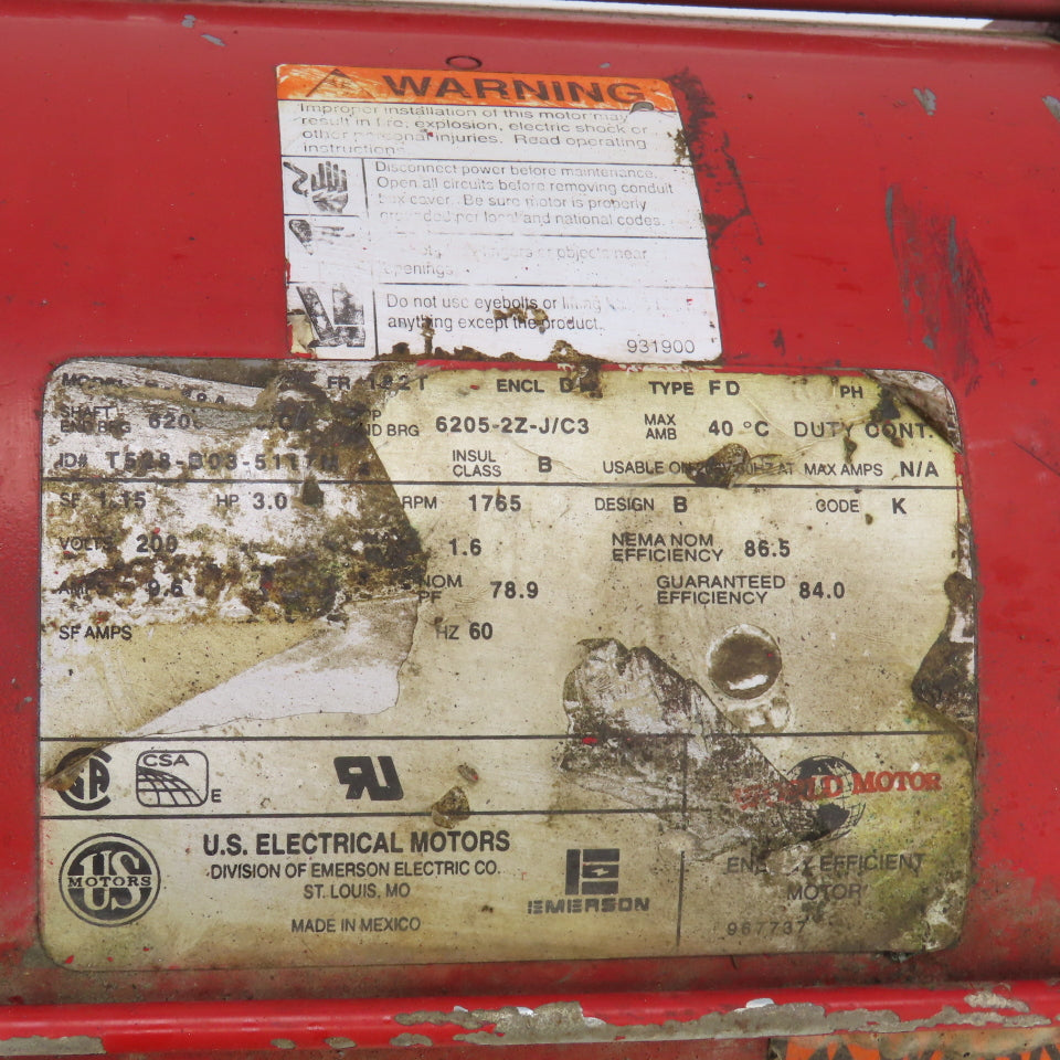 U.S. Electrical T528A 3HP AC Motor 1765RPM 200V 3PH 182T Frame 9.6A 60HZ