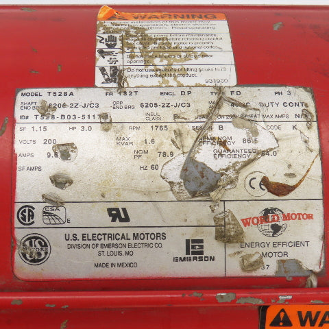 U.S. Electrical T528A 3HP AC Motor 1765RPM 200V 3PH 182T Frame 9.6A 60HZ