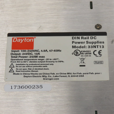 Dayton 33NT13 100-240VAC 240W Power Supply 24VDC Output