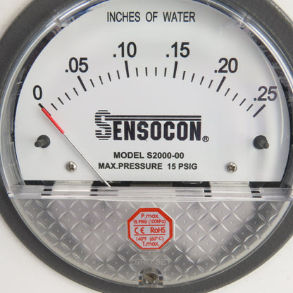 Sensocon S2000-00/S2002 Differential Pressure Gauge 0-.25"/0-2" In/ Water 15PSIG