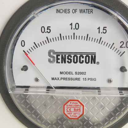 Sensocon S2000-00/S2002 Differential Pressure Gauge 0-.25"/0-2" In/ Water 15PSIG