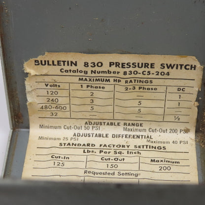 Allen Bradley 830-C5-204 Pressure Switch 600V Poly Phase 150PSI Cut Out
