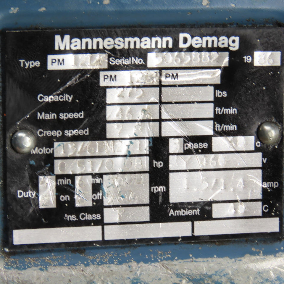 Demag PM12LF 275LB Electric Hoist 10' Lift 2 Speed 7.8/46.6 FPM 460V 3Ph