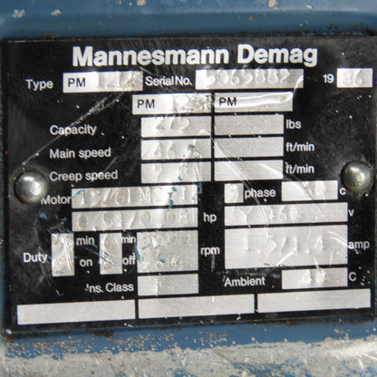 Demag PM12LF 275LB Electric Hoist 10' Lift 2 Speed 7.8/46.6 FPM 460V 3Ph