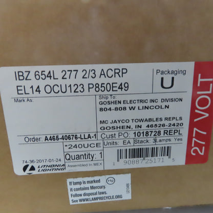 Lithonia IBZ 654L 277 2/3 ACRP FluorHighBayFix W/Emergency Battery Backup 277V