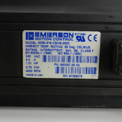 Emerson MGE-316-CBNS-0000 1.01HP AC Servo Motor 240V 4000RPM 3PH 4.0A W/Encoder
