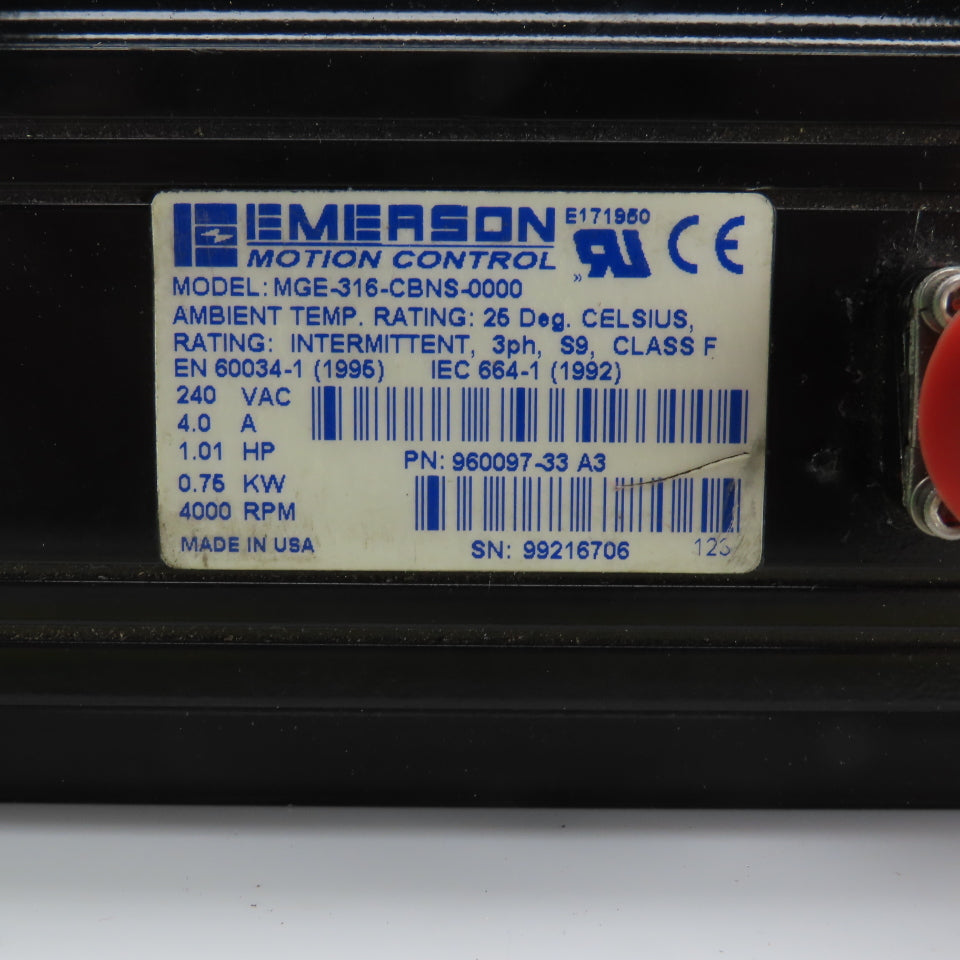 Emerson MGE-316-CBNS-0000 1.01HP AC Servo Motor 4000RPM 240V 3PH 4.0A W/Encoder