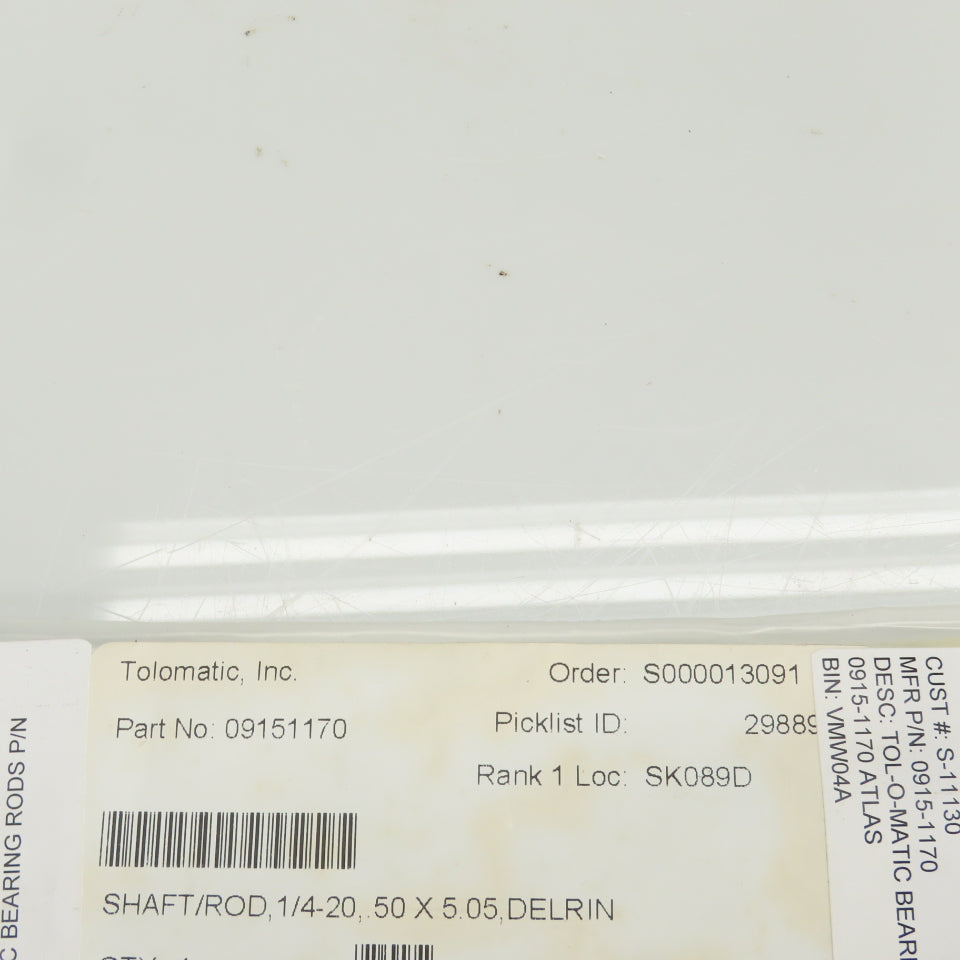 Tolomatic 09151170 Bearing Rod/Shaft 1/4-20 0.50 x 5.05 Delrin