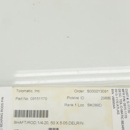 Tolomatic 09151170 Bearing Rod/Shaft 1/4-20 0.50 x 5.05 Delrin