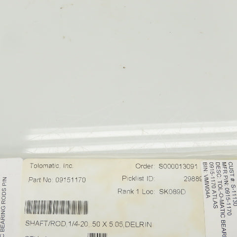 Tolomatic 09151170 Bearing Rod/Shaft 1/4-20 0.50 x 5.05 Delrin