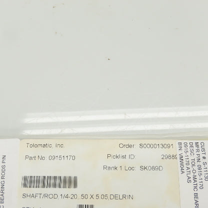 Tolomatic 09151170 Bearing Rod/Shaft 1/4-20 0.50 x 5.05 Delrin