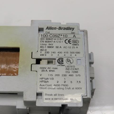Allen Bradley 100-C09Z*10 Ser A Contactor 600VAC 24VDC Coil W/193-EA1DB Lot Of 2