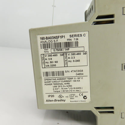Allen Bradley 160-BA03NSF1P1 Ser C Speed Controller 1HP/0.75KW FRN7.06 380-460V