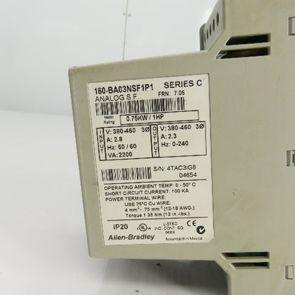 Allen Bradley 160-BA03NSF1P1 Ser C Speed Controller 1HP/0.75KW FRN7.06 380-460V
