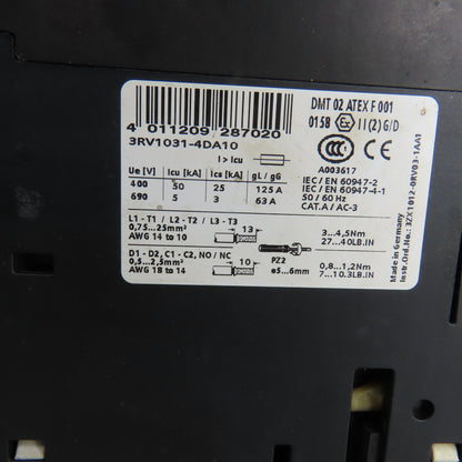 Siemens 3RV1031-4DA10 Manual Motor Starter 5HP 380-480VAC W/Overload 18-24A Trip