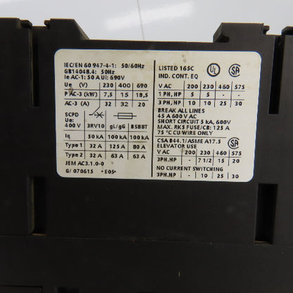 Siemens 3RV1031-4DA10 Manual Motor Starter 5HP 380-480VAC W/Overload 18-24A Trip