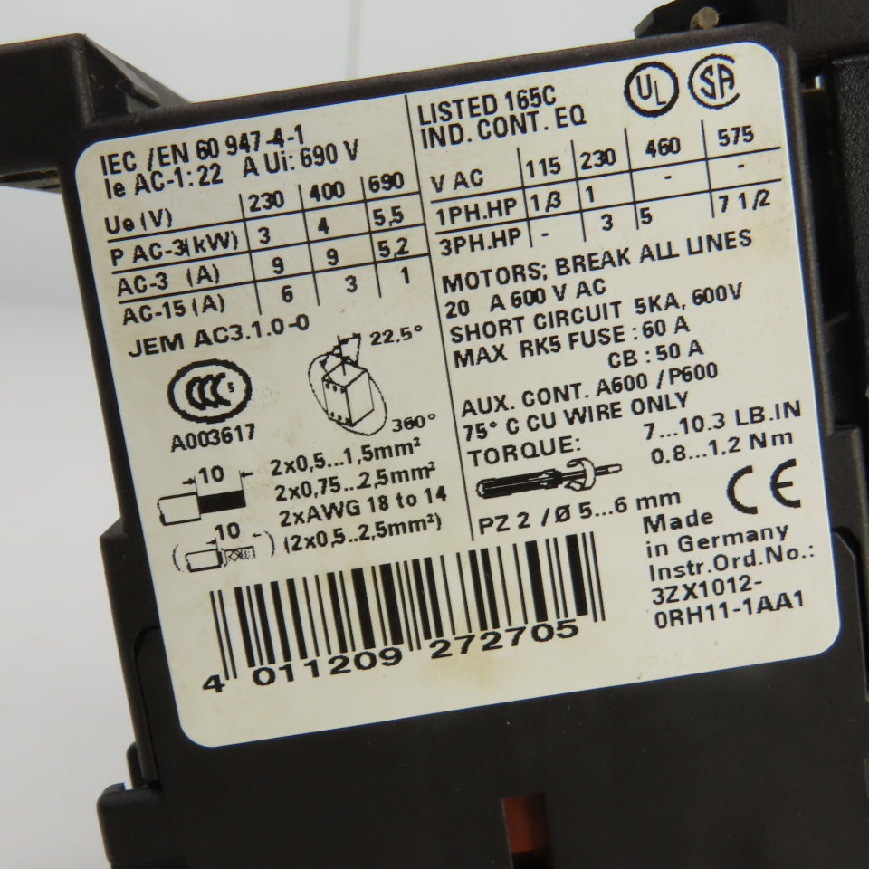 Siemens 3RV1021-1EA10 Manual Motor Starter 400-690V W/Overload 2.8-4A