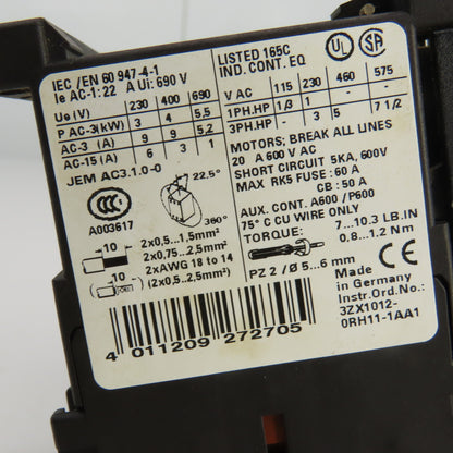 Siemens 3RV1021-1EA10 Manual Motor Starter 400-690V W/Overload 2.8-4A