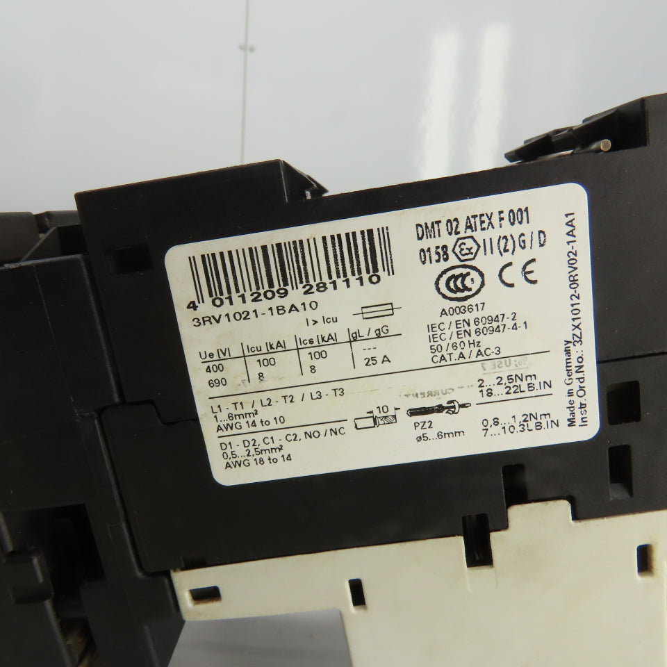 Siemens 3RV1021-1BA10 Manual Motor Starter 400-690V W/Overload 1.4-2A