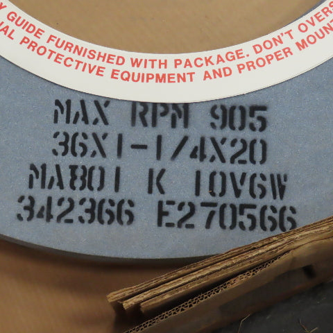 National MA801-K-10V6W 36" x 1-1/4" Centerless Grinding Wheel 20" Arbor 905RPM