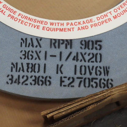 National MA801-K-10V6W 36" x 1-1/4" Centerless Grinding Wheel 20" Arbor 905RPM